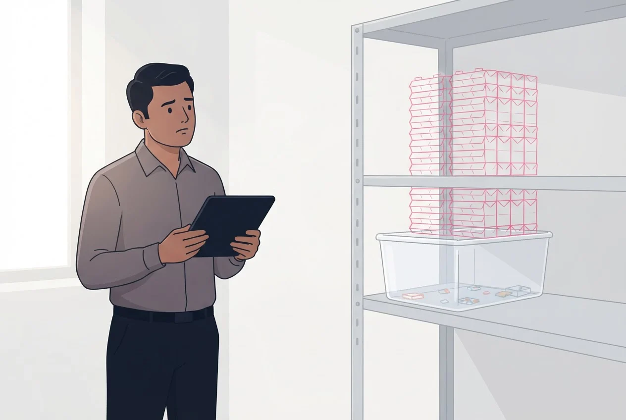 A shopkeeper looks at an almost empty shelf bin while a faint outline shows a full stack of cartons that is not really there.