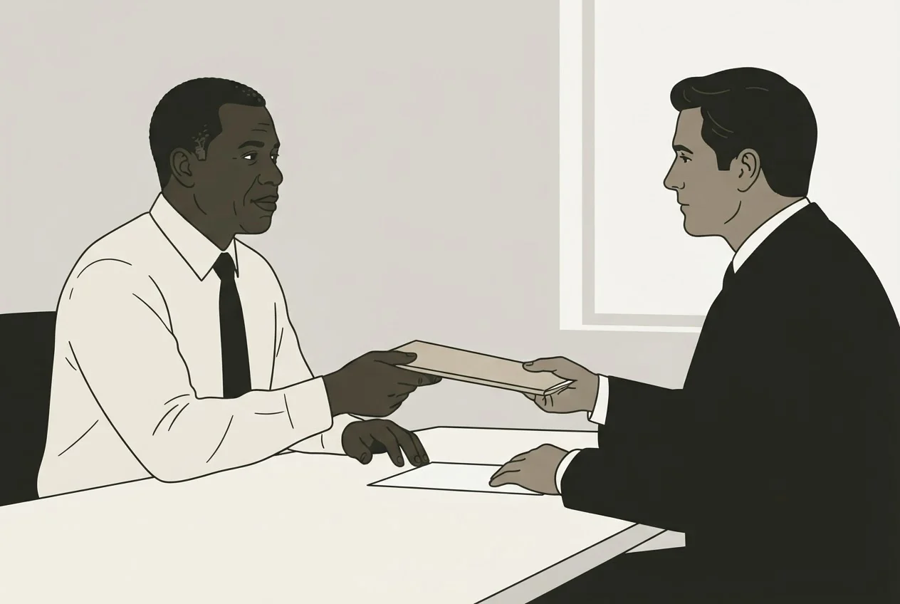 An investigator hands a case folder to an attorney across a table in an office.