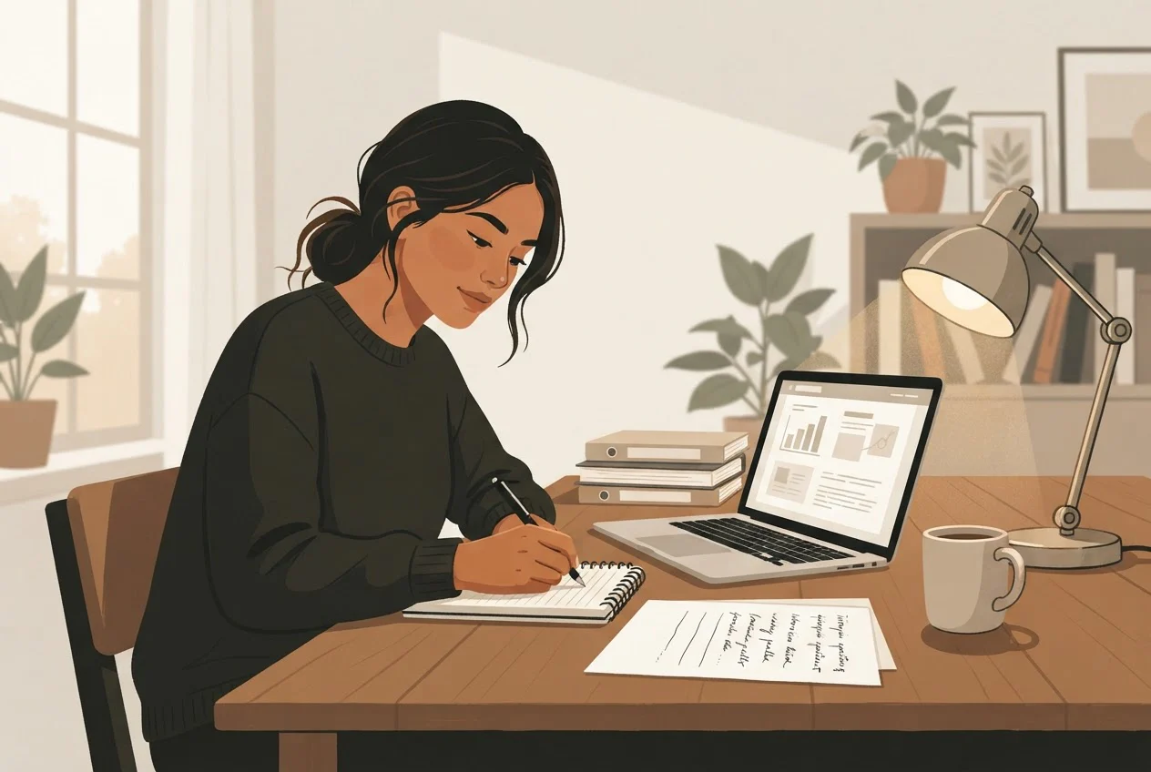A student practises report writing and interview preparation at a home desk with a notebook and laptop.