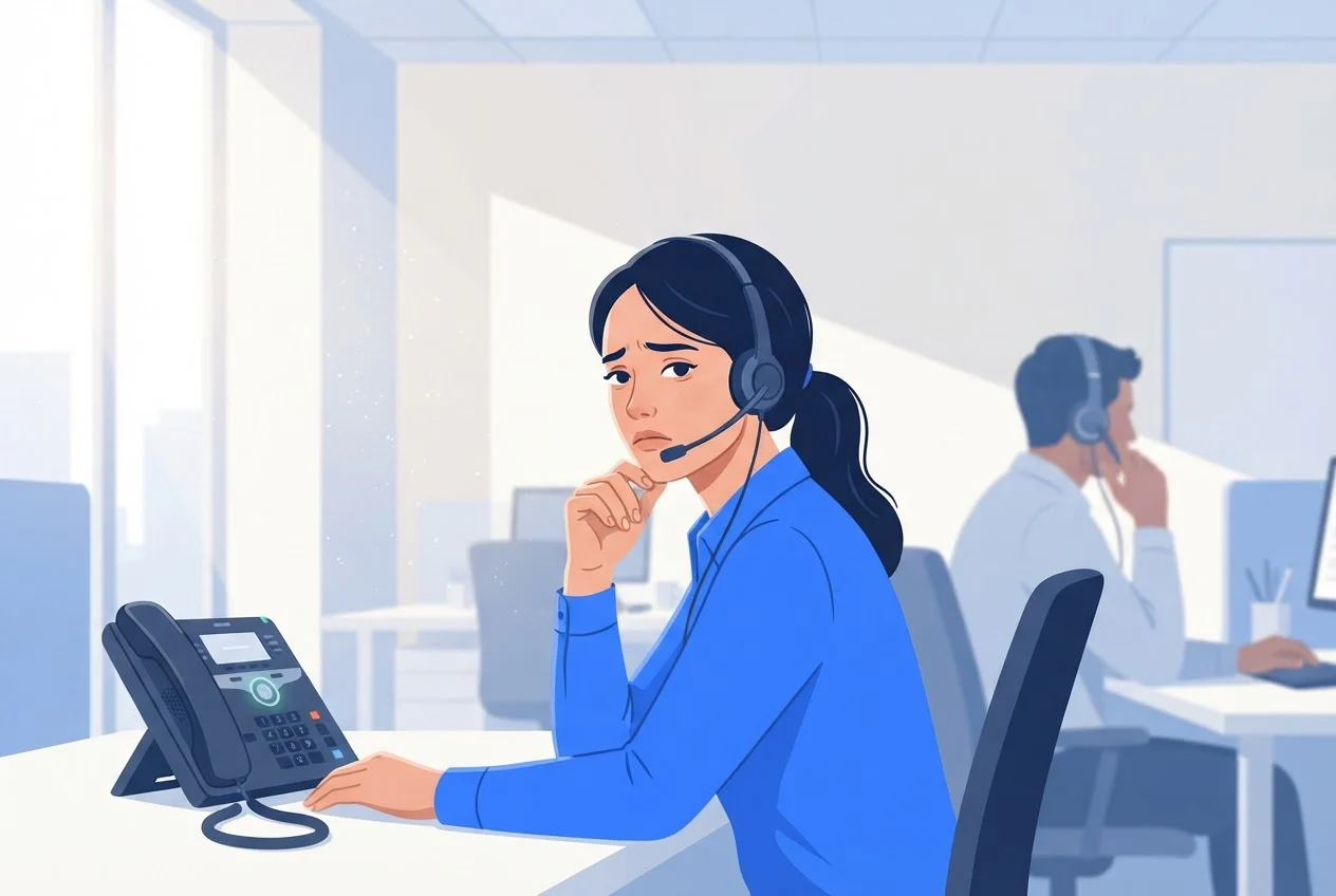 A support agent waits with a caller on hold while a colleague at the next desk is still busy and has not yet answered.