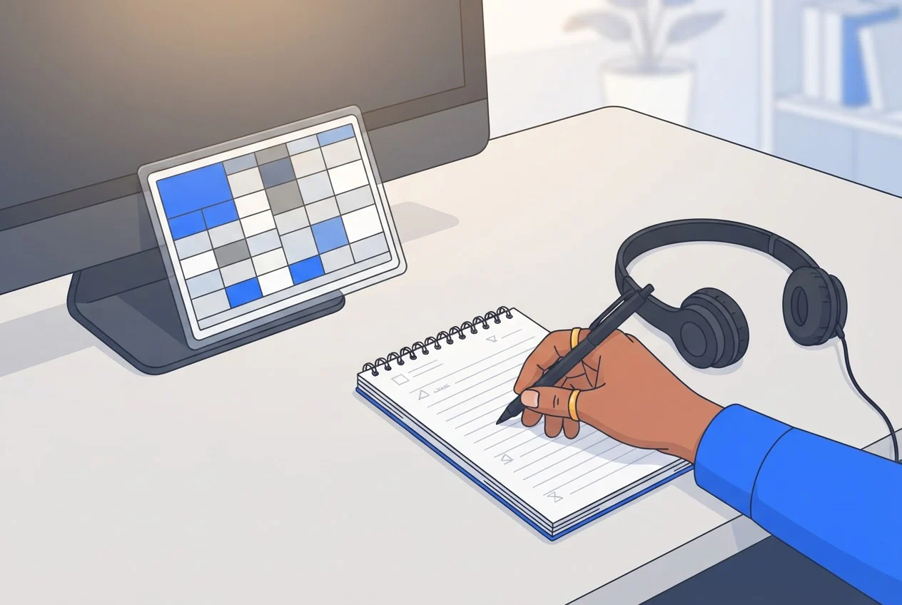 A desk with a headset, a notepad and a reference card propped against a monitor, ready for a call handoff.