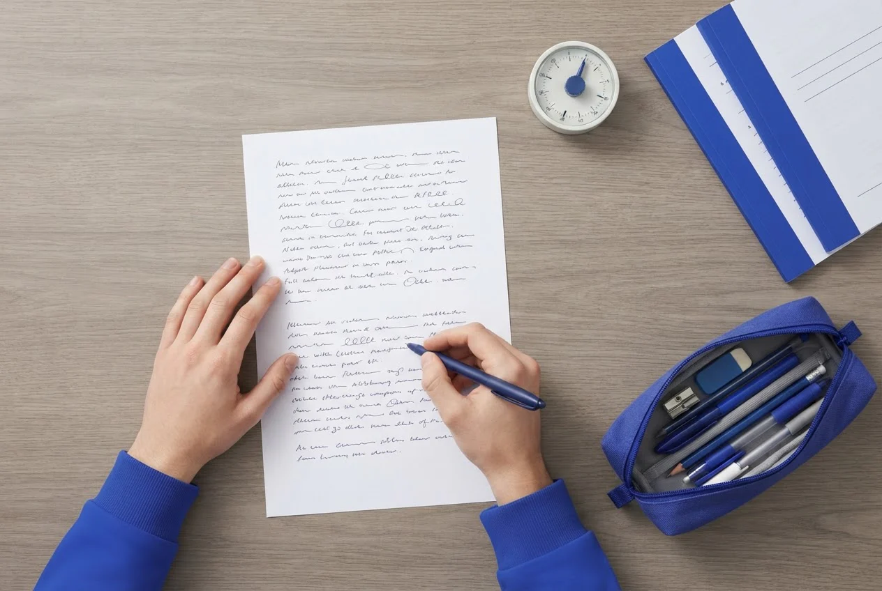 Overhead view of a student's hands writing a timed mock paper beside a stack of answer booklets and a timer.