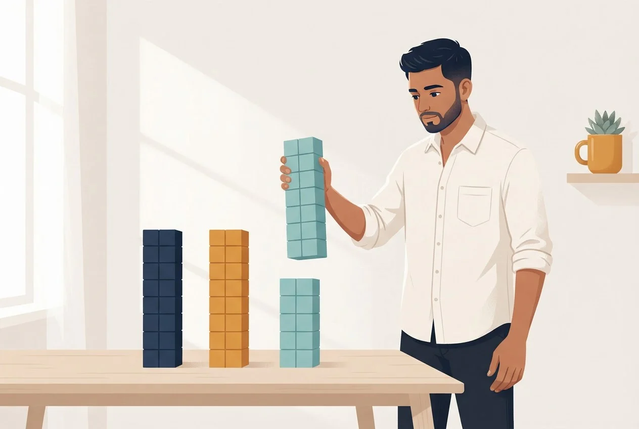 A man lifts one tower of blocks away from two others standing on a table.