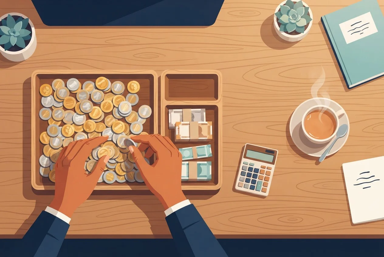 Hands dividing a stack of money into three trays of different sizes on a desk.