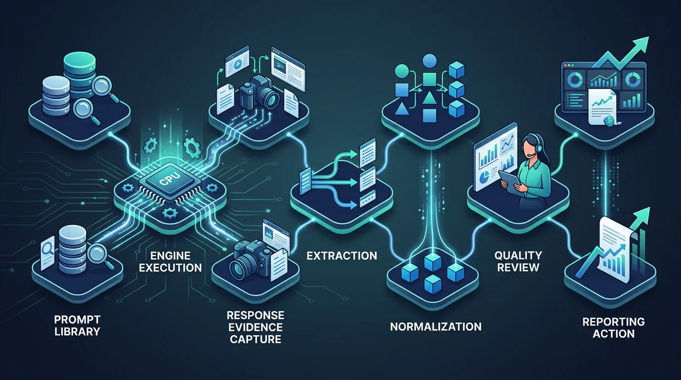 Seven-stage AI answer monitoring workflow