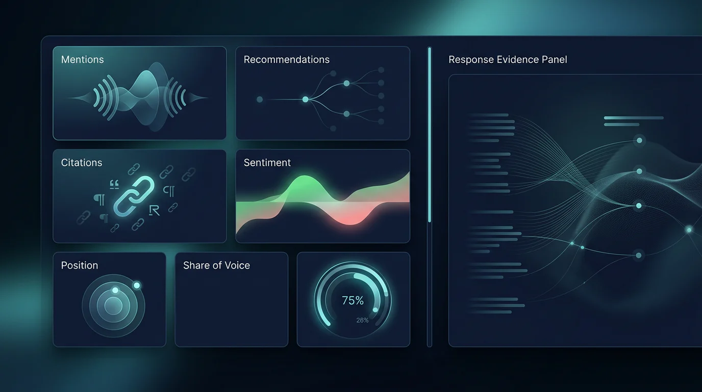 AI visibility metric dashboard with evidence fields