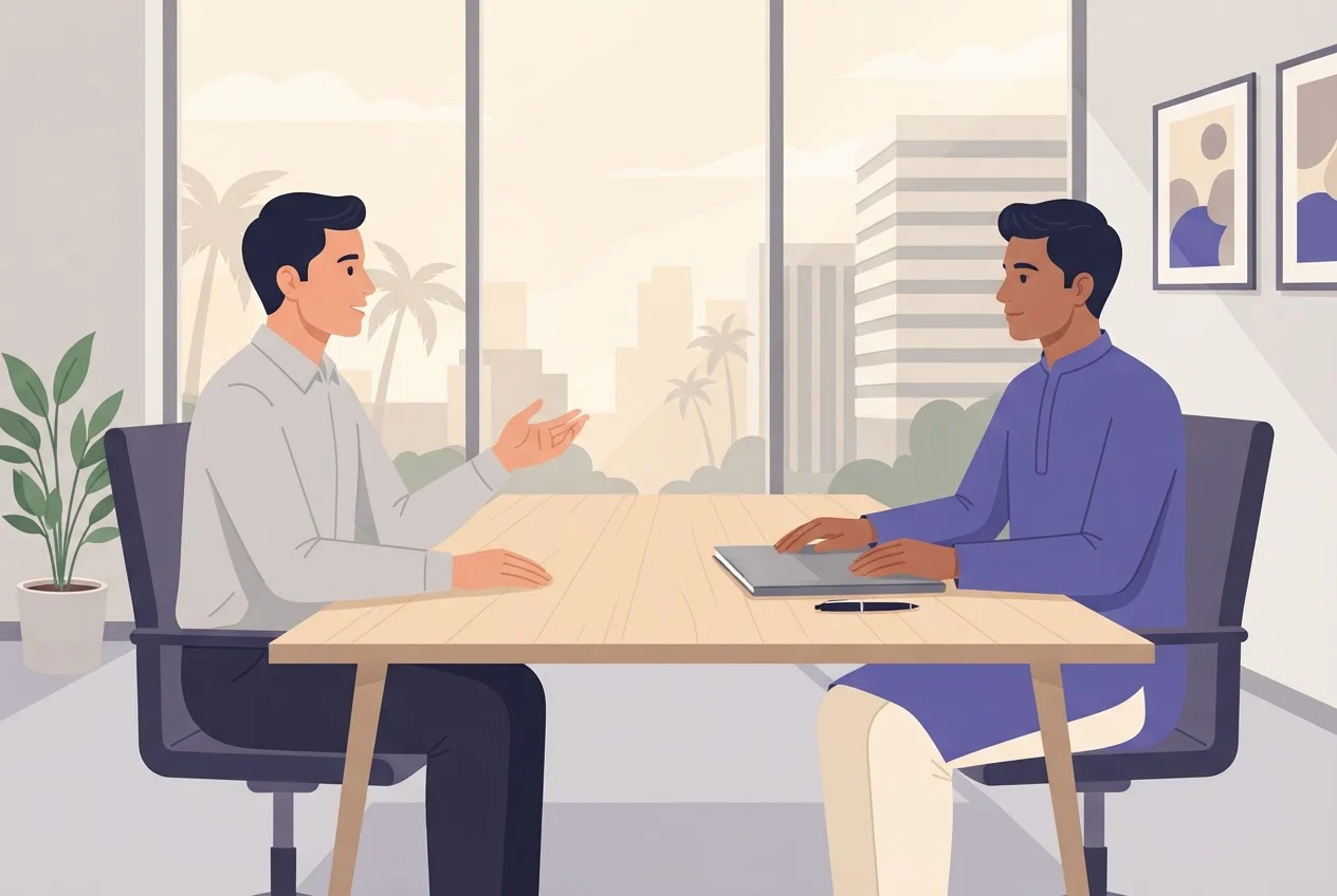 A candidate speaks to an interviewer across a table in an office meeting room.