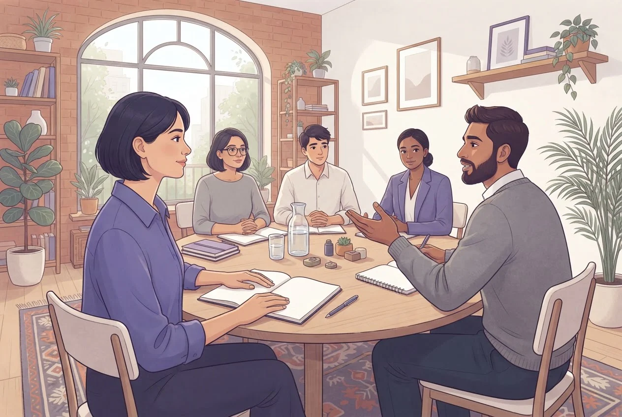 A person sits calmly at a round table with a blank notebook, listening while others take their turns.