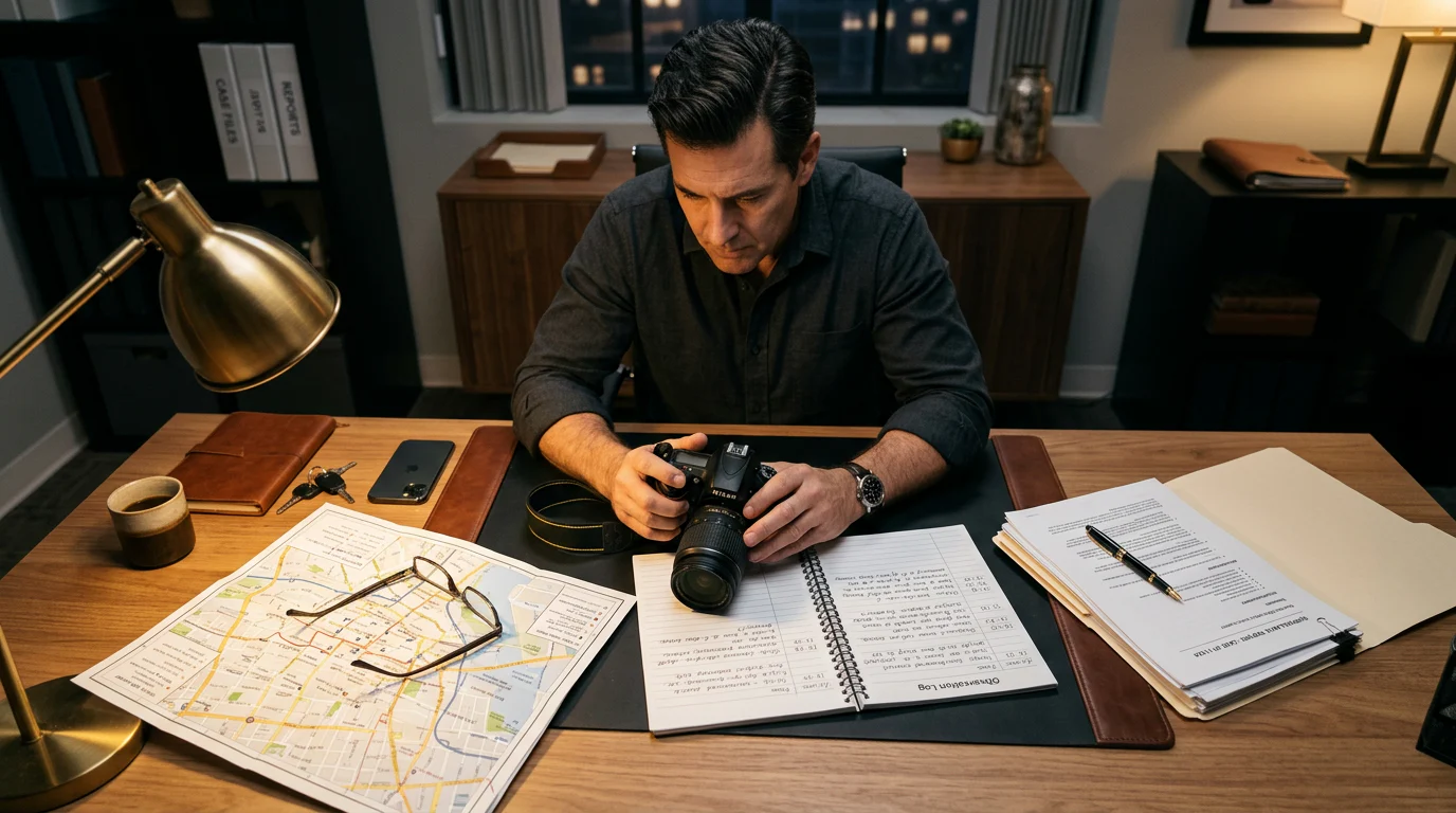 Investigator reviewing a surveillance report and field notes