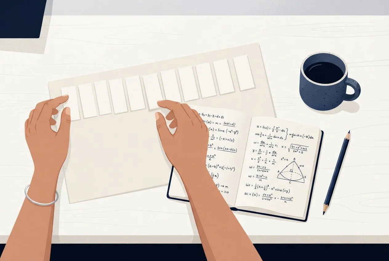 Hands arrange a row of blank paper strips on a study plan sheet, beside a notebook and pencil on a desk.