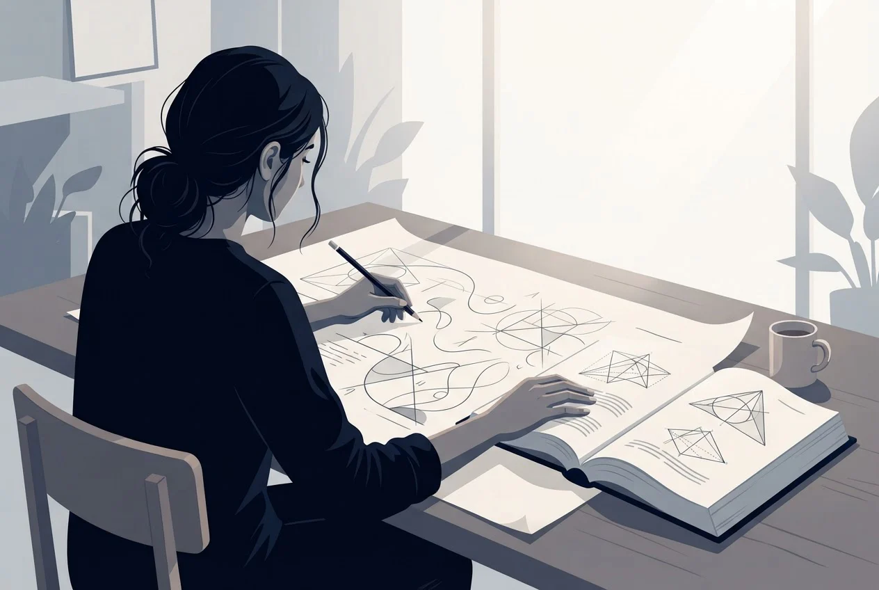 A student works through a long proof on a large sheet of paper with a thick textbook open beside them.