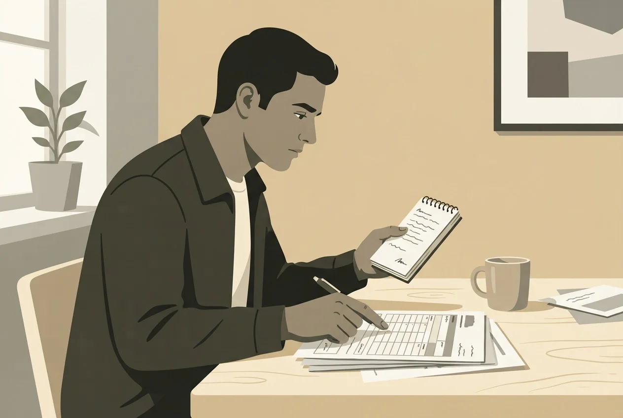 A process server compares handwritten field notes against a printed form, line by line.