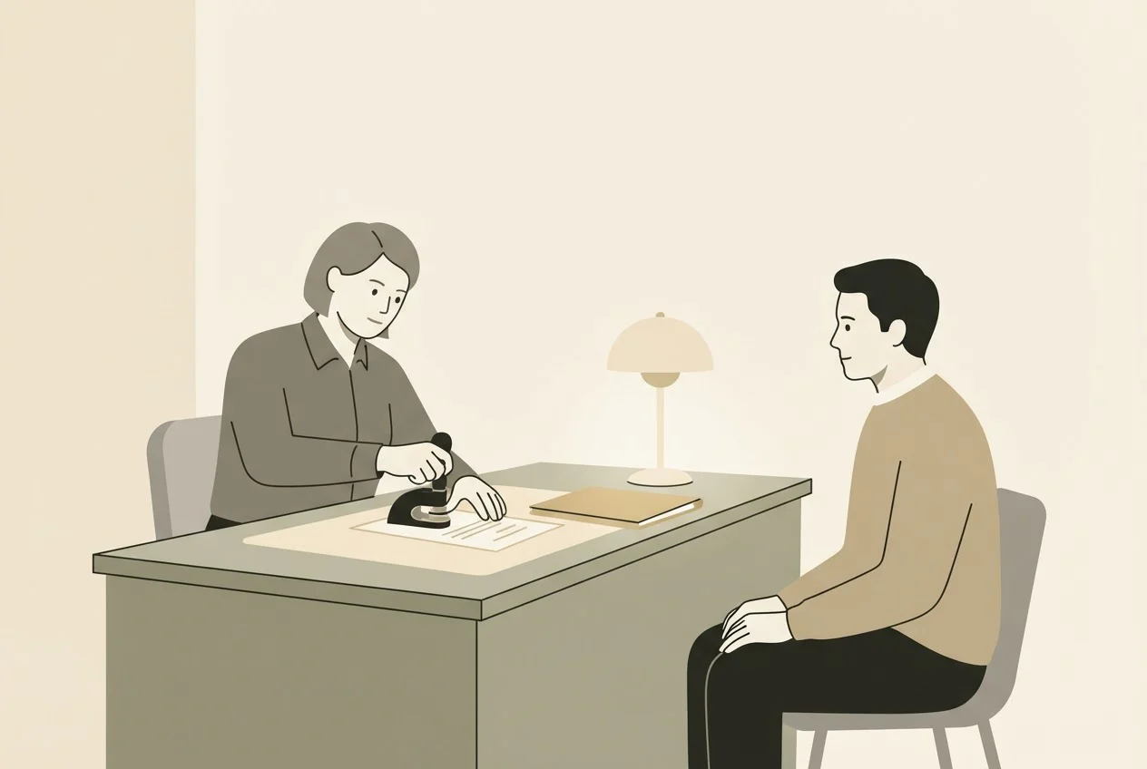 A notary presses a seal onto a document while a client looks on across a counter.