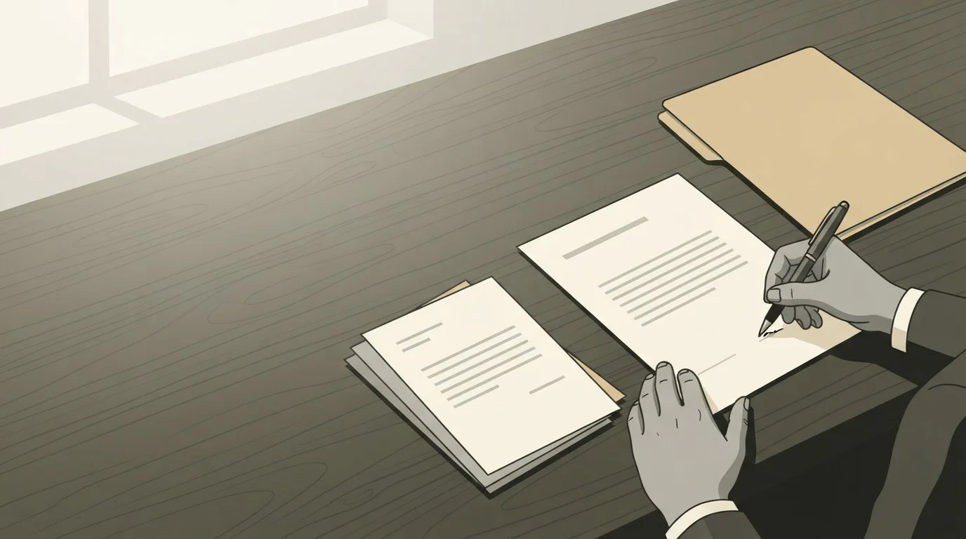 A person's hands signing a document at a desk beside a stack of court papers and a folder.
