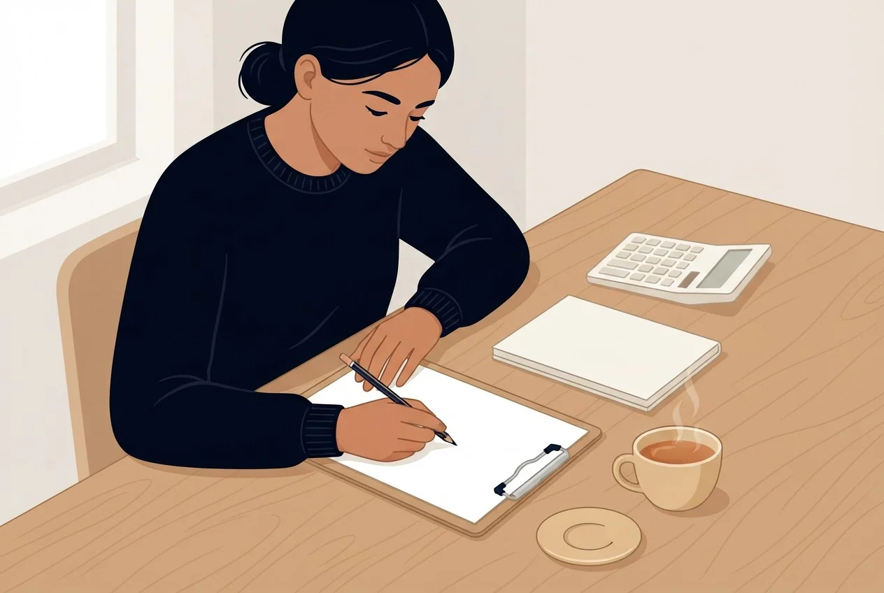A student checks a printed mock paper with a pencil at a tidy desk.