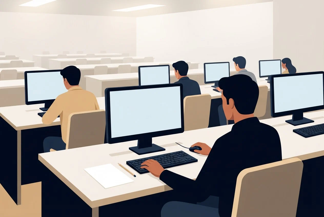 Candidates sit at separate desks in a computer-based test hall, each facing a monitor.