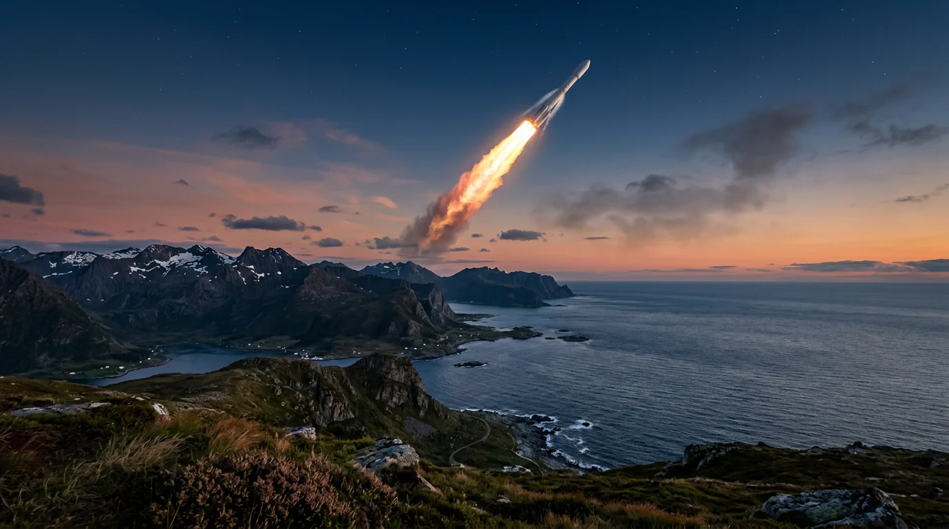 Orbital rocket ascending above a Nordic coastline