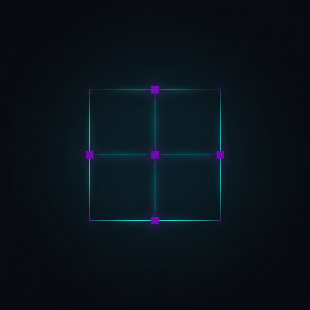 A minimalist 2x2 grid diagram with abstract glowing nodes representing content strategy quadrants, in a clean tech aesthetic.