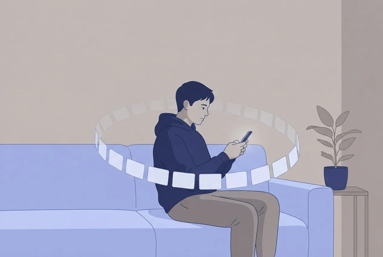 A person scrolling on a phone while the same ad card appears again and again in a looping trail around them.