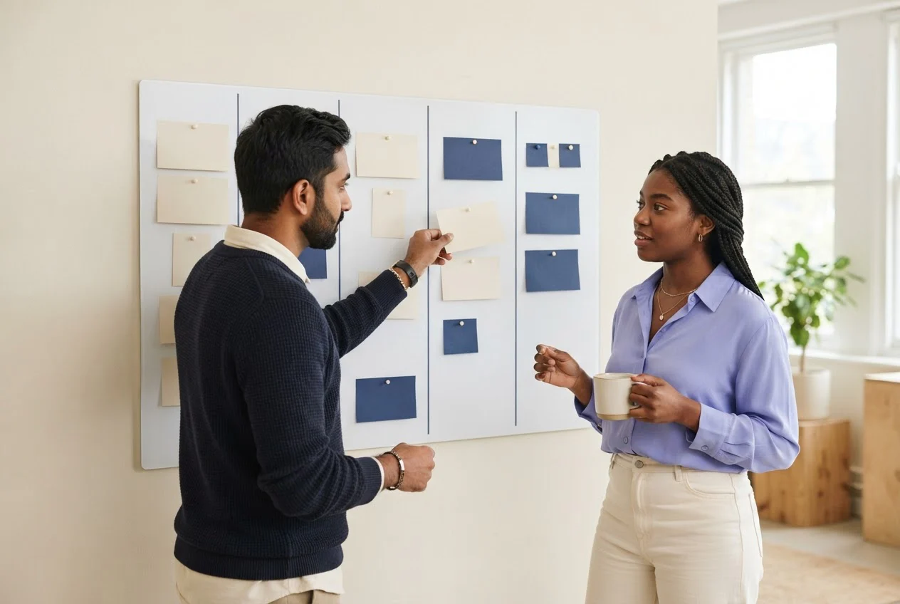 Two marketers move blank cards across five columns on a planning board in an office.