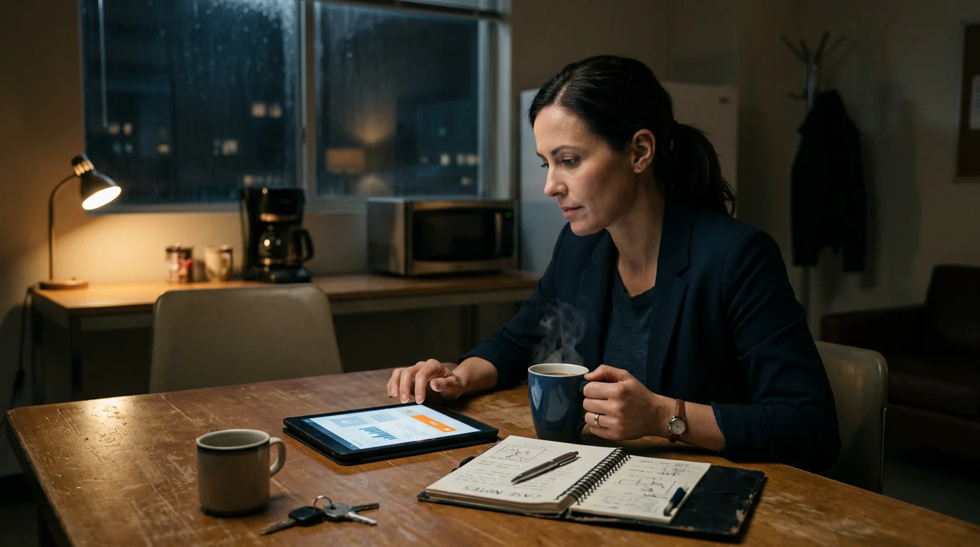 Private investigator resuming online continuing education on tablet