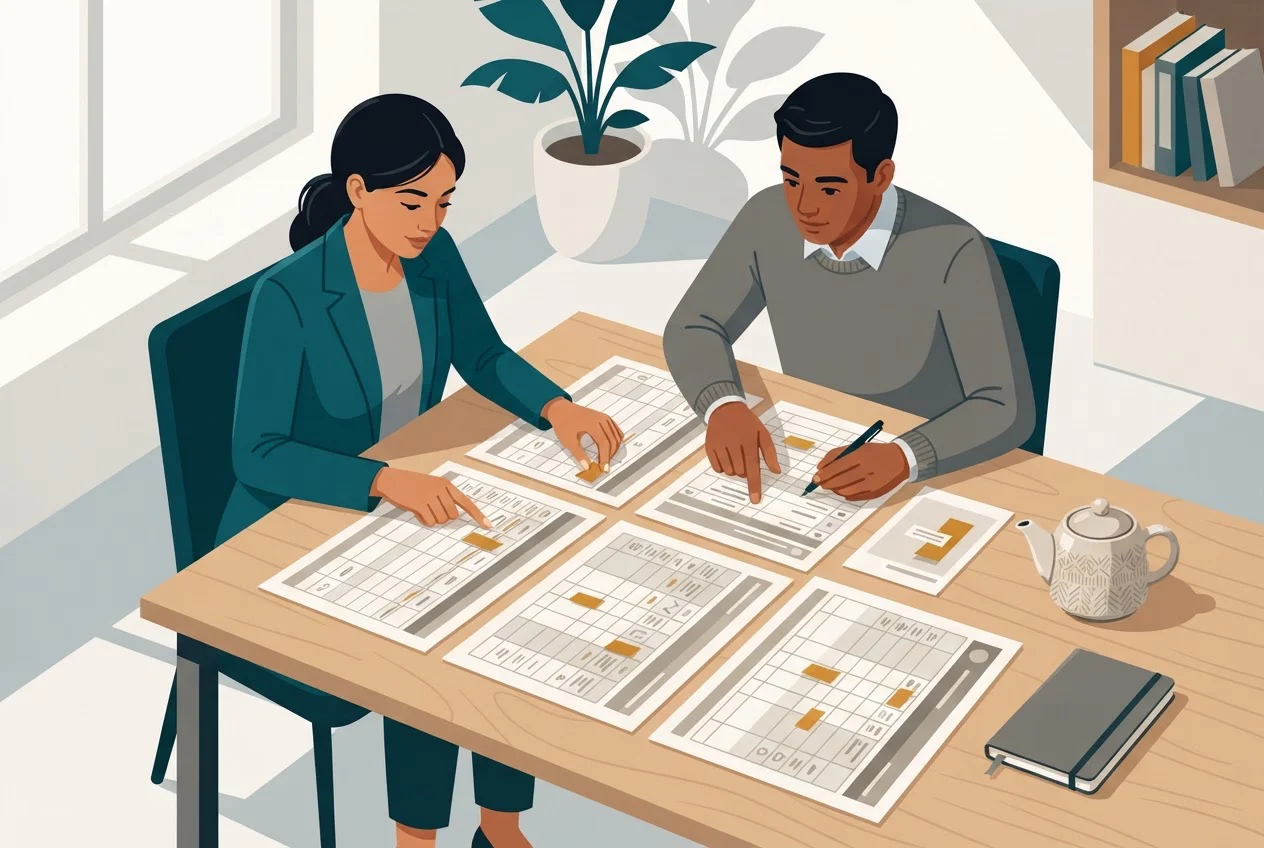 Two project managers compare several printed registers on a table and mark matching entries with amber tabs.