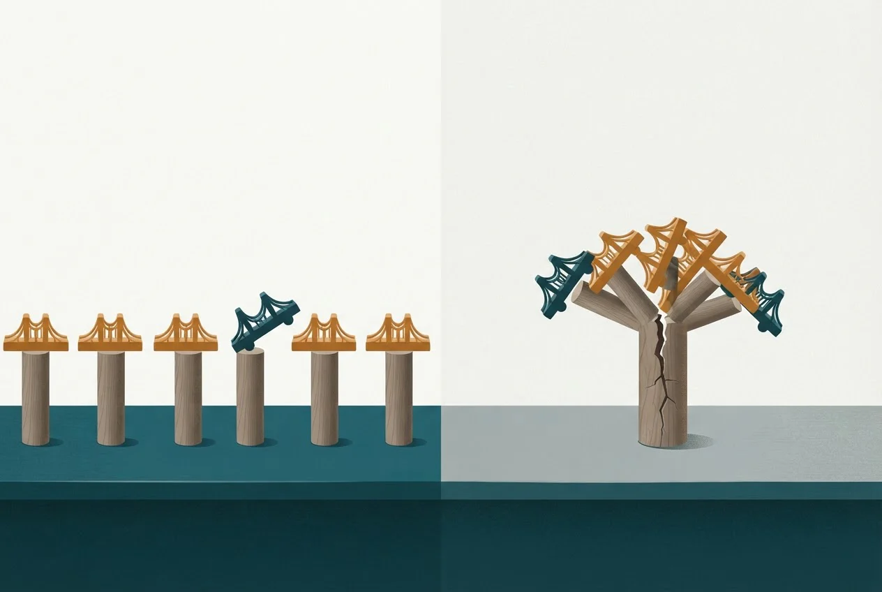 Eight small bridges standing on separate pillars on the left and all resting on one cracked shared pillar on the right.