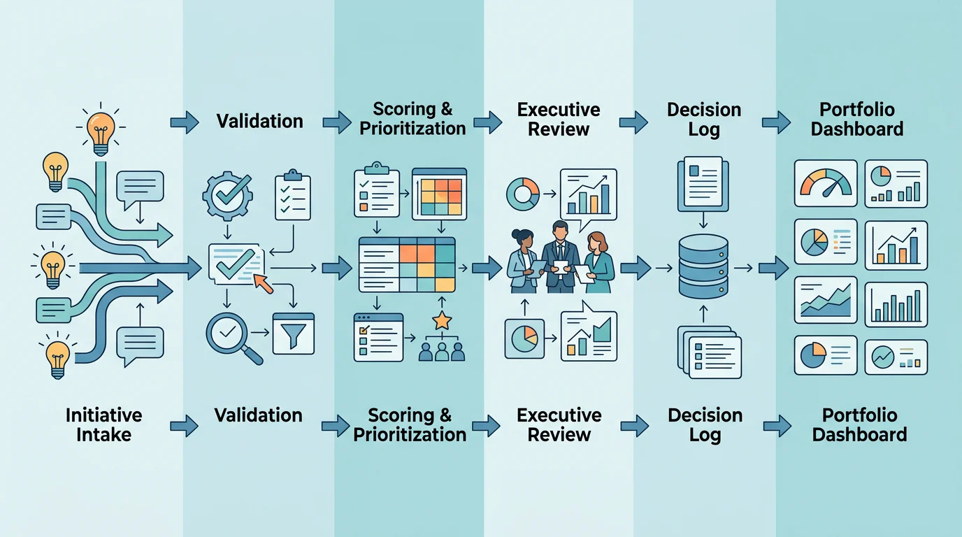 Portfolio governance workflow from intake to executive review
