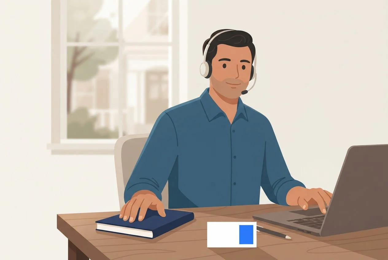 A telecaller ends a call politely with his hand resting on a closed notebook.
