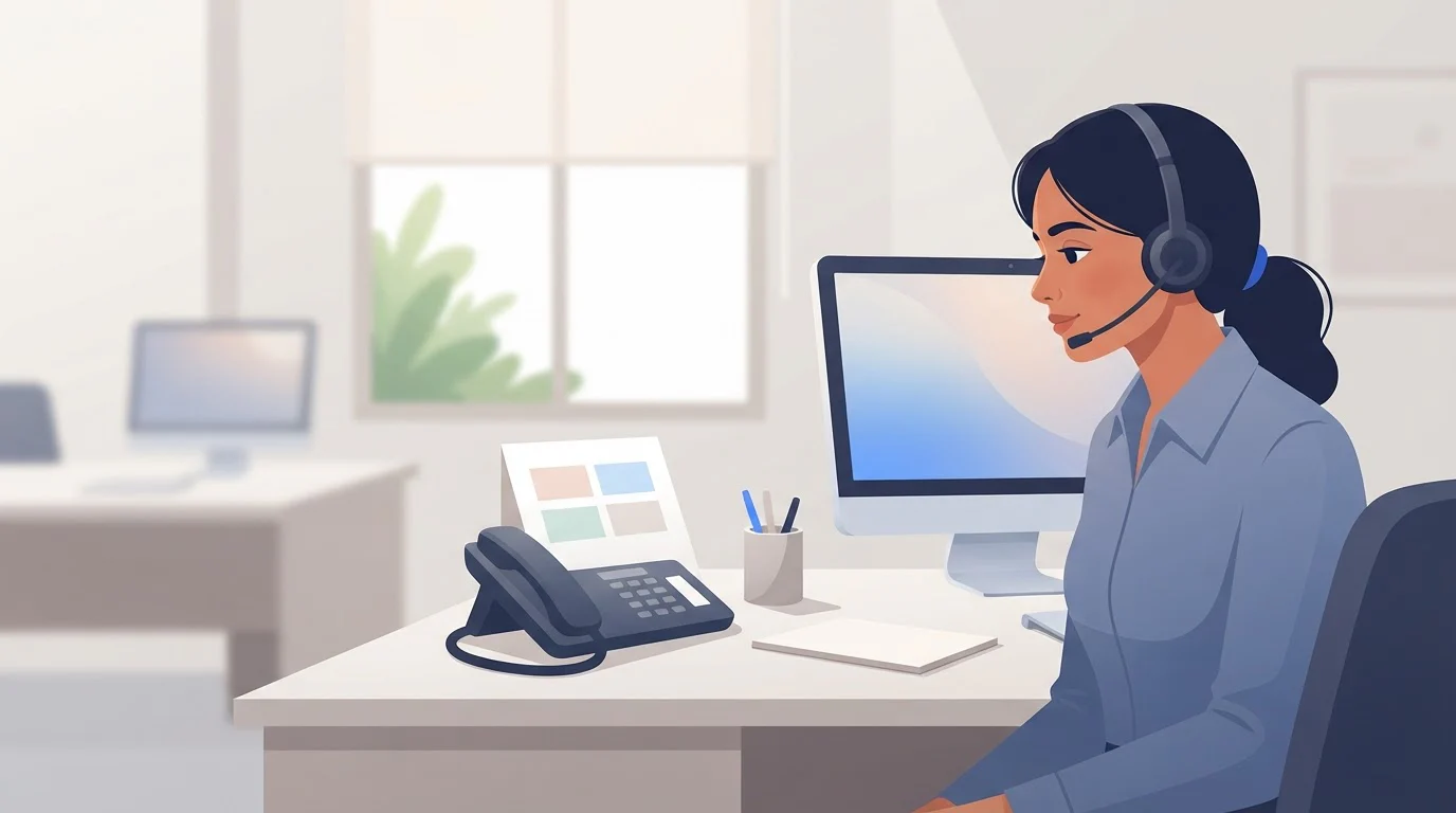 A telecaller in a headset sits at her desk, looking at a call card propped beside her phone.