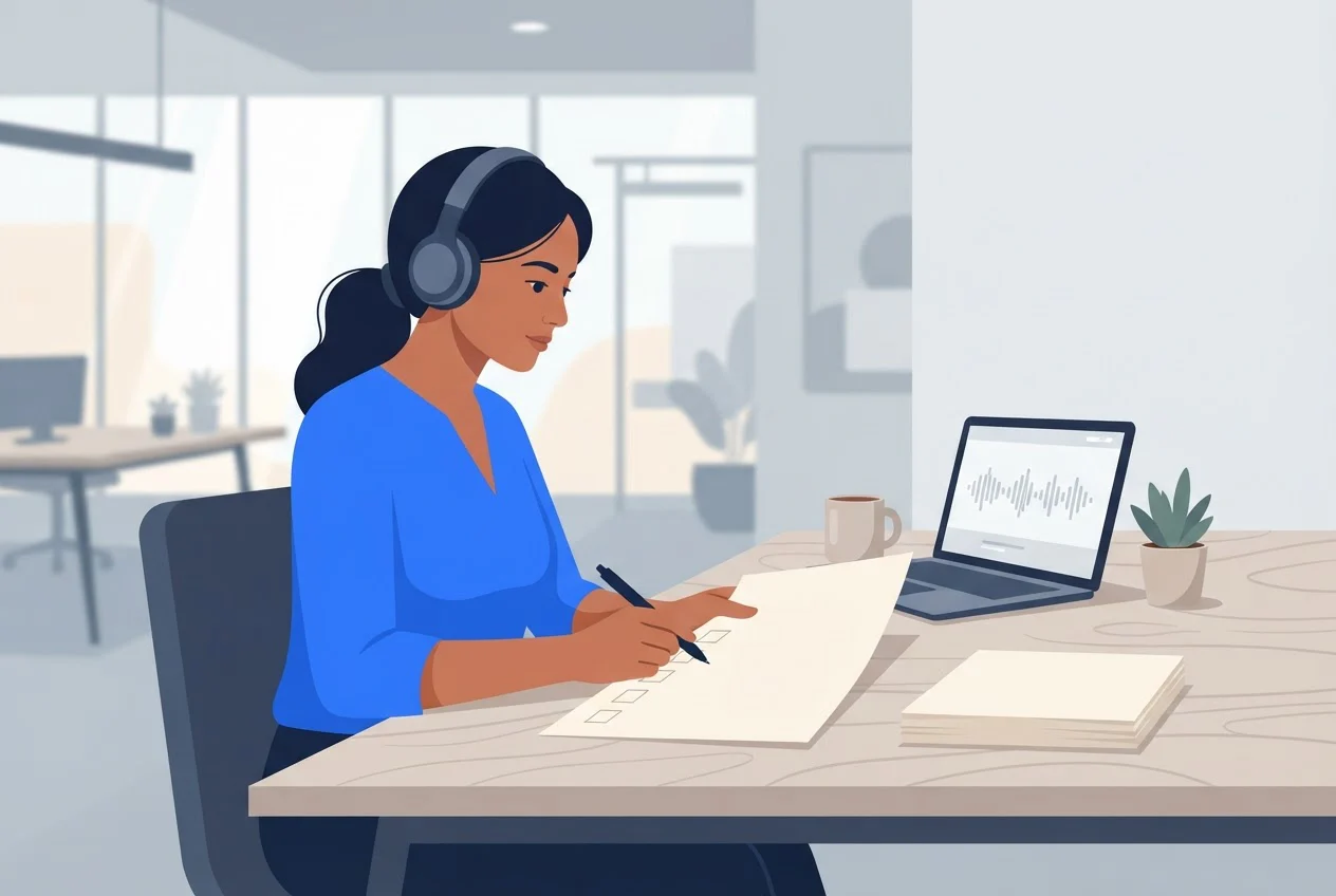 A team lead wearing headphones listens to a recorded call with a pen over a blank checklist sheet.