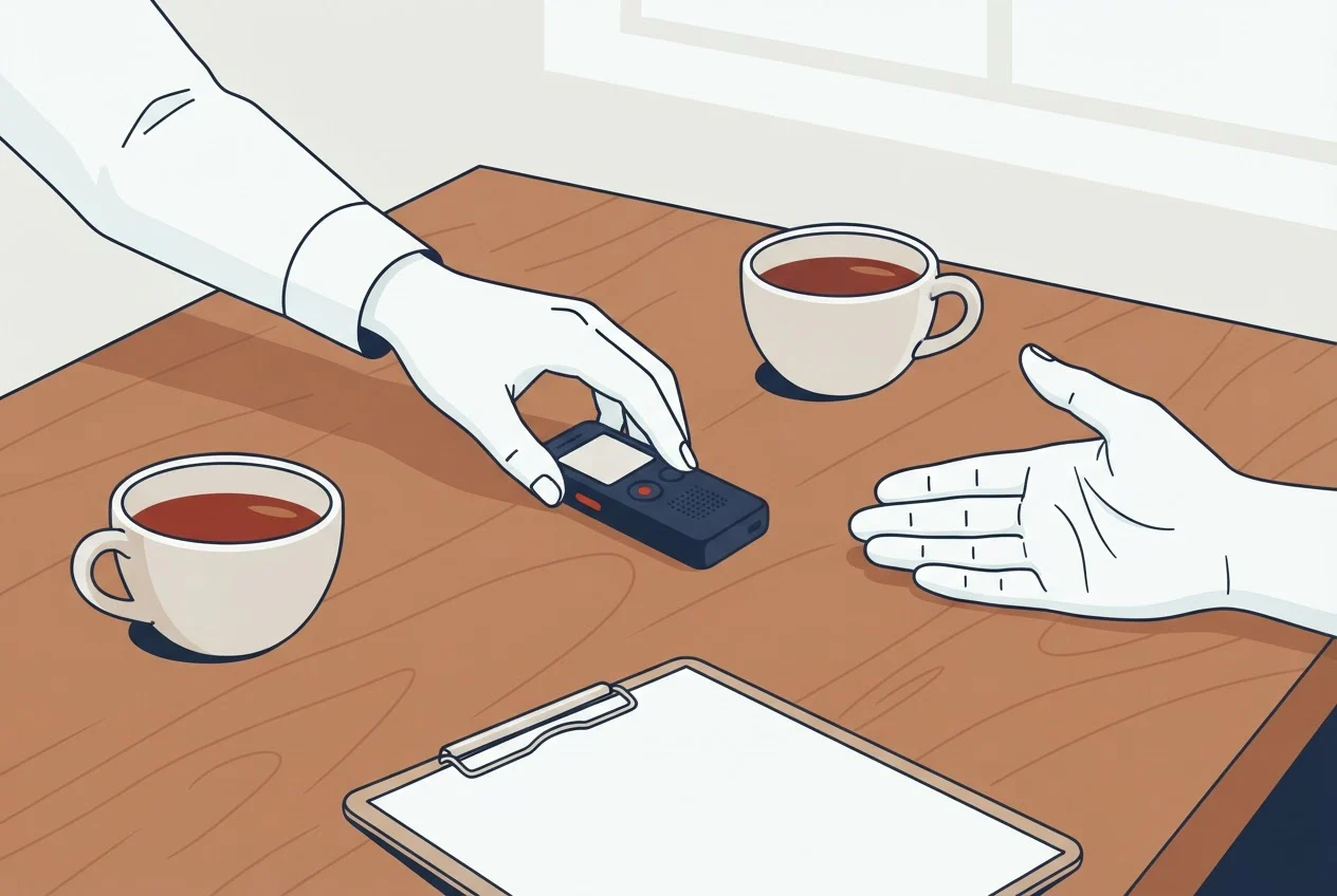 A researcher sets a small voice recorder on a table while the participant opens a hand in agreement.