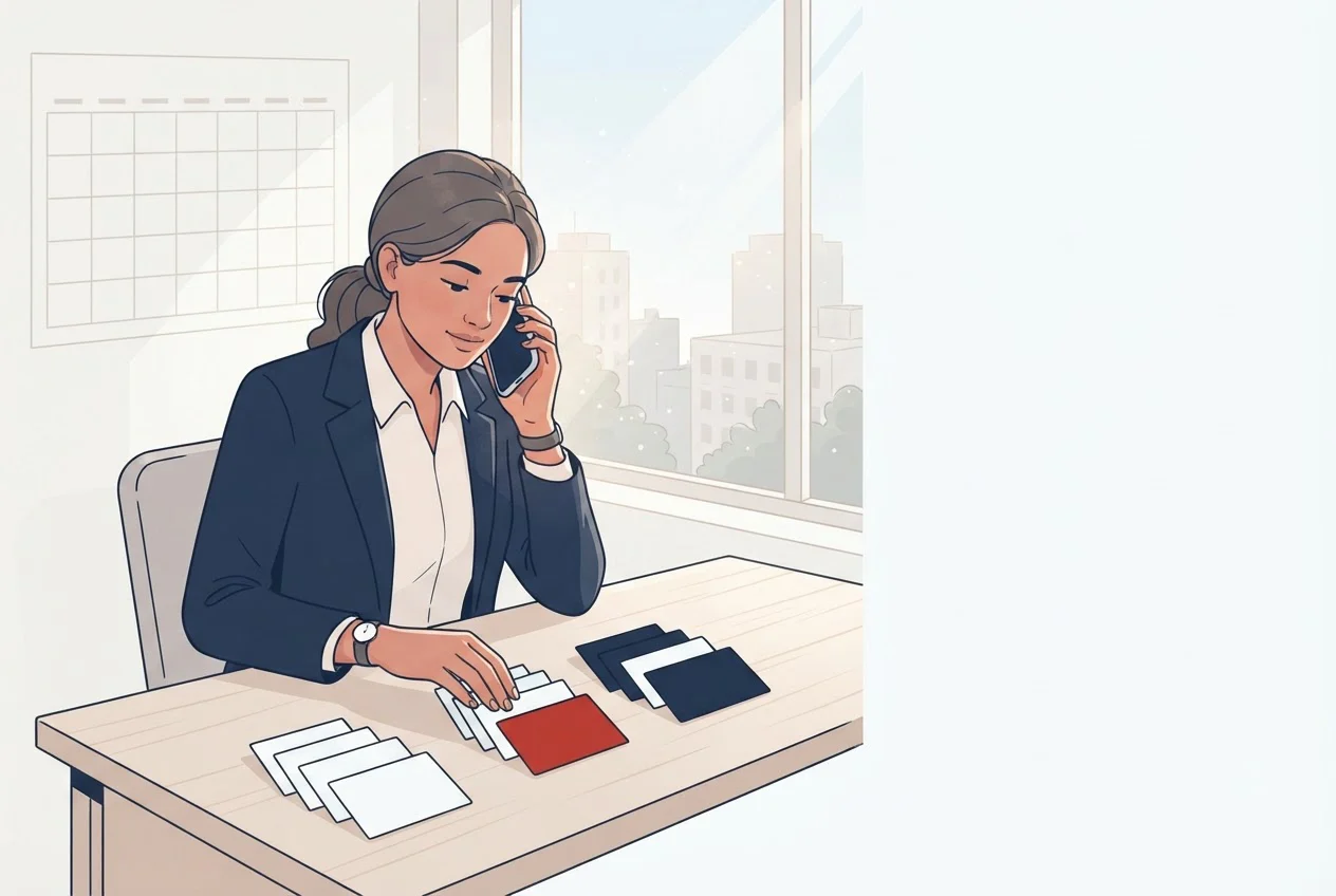 A recruiter on the phone arranges blank cards into three groups on her desk.