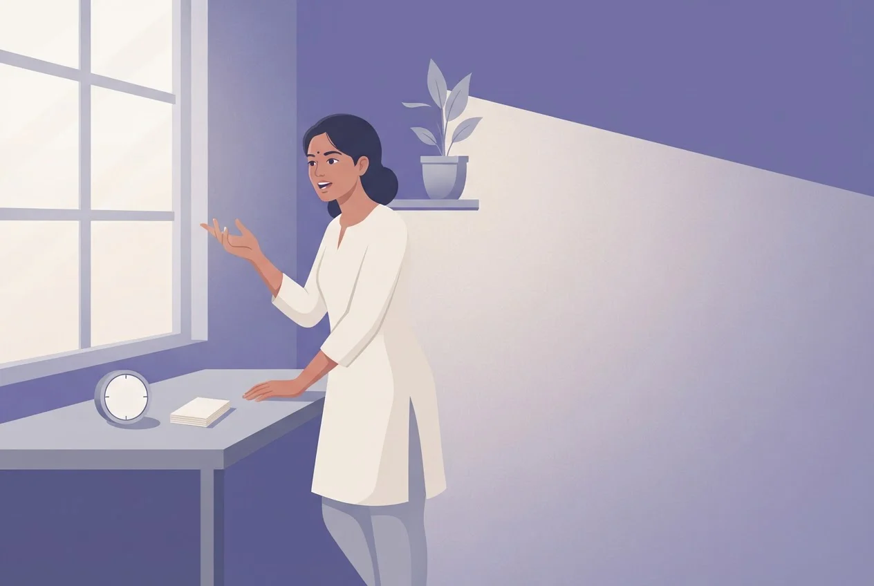 A woman practises her story aloud at a desk with a timer and a few blank cards beside her.