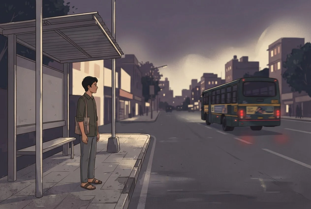 A young man at a bus stop watches a bus drive away at dusk.