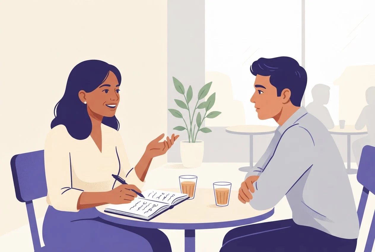 A coach and a prospective client talk across a cafe table with chai and a notebook.