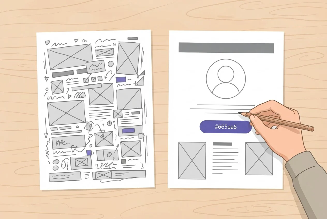 A cluttered page sketch sits beside a clean one with a single headline bar and one button.