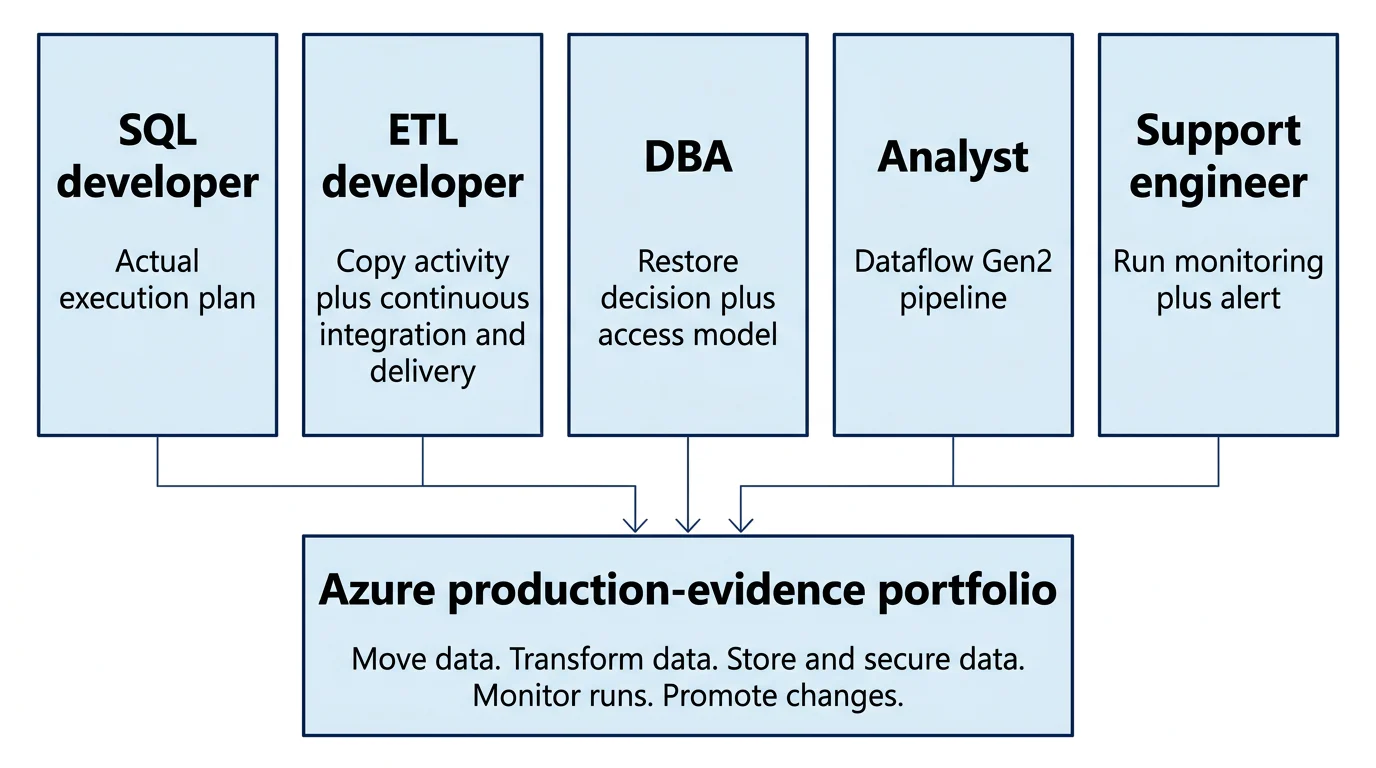Five IT starting roles connect to a shared Azure data engineering portfolio outcome, with one proof item for each role.