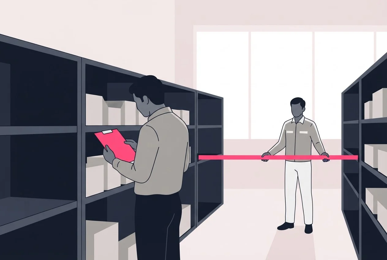 Two warehouse staff count a shelf, one holding a hidden clipboard, with an aisle taped off and an empty bay nearby.