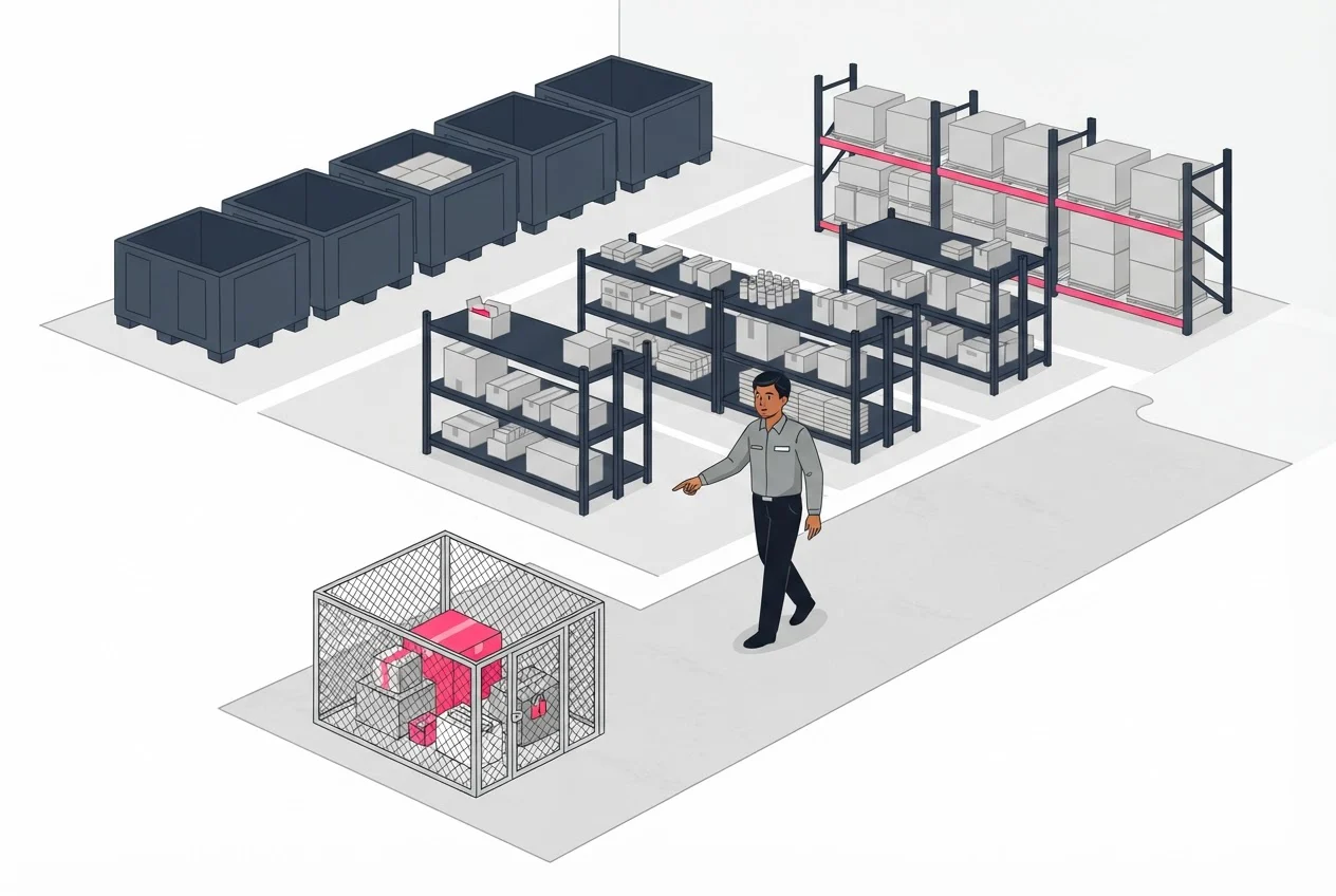 A supervisor walks past a caged shelf of valuable boxes, medium shelving and bulk bins in a warehouse.
