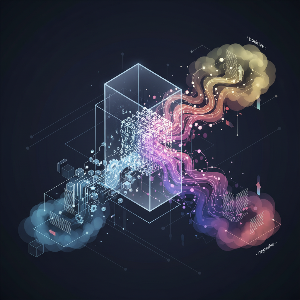 An abstract representation of a text sentence passing through a dual-path classification filter.