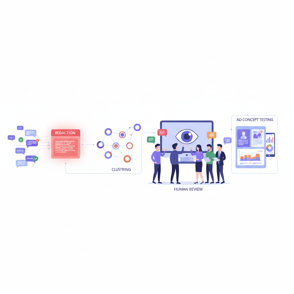 Five step feedback analysis workflow from messages to ad test