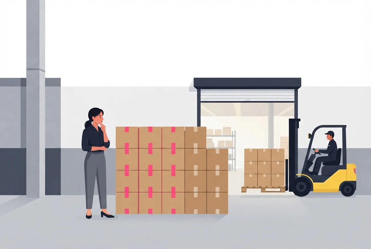 A sales rep looks at a stack of cartons, half reserved with pink tape, as another pallet arrives.