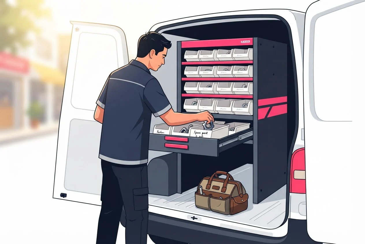 A service technician takes a spare part from a drawer cabinet in the back of a van.