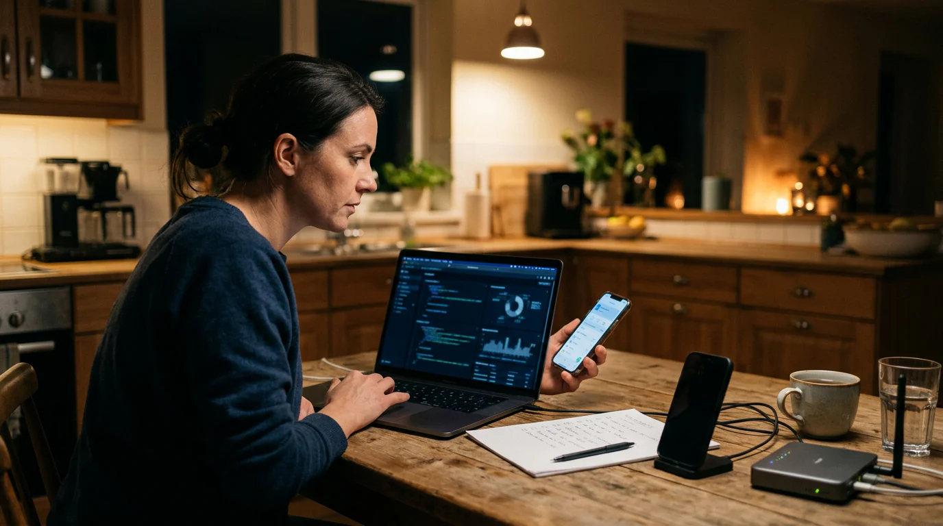Investigator testing online course access on phone and laptop