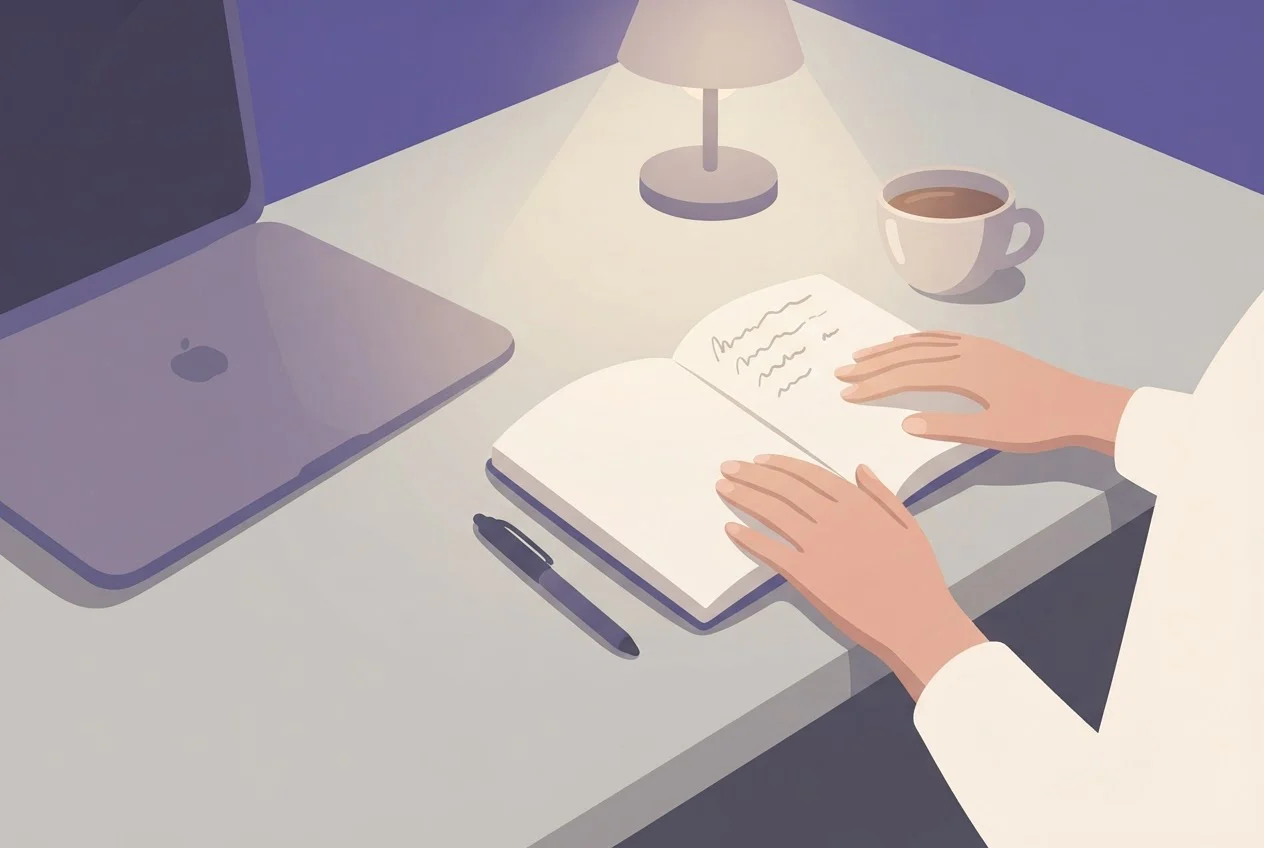 A closed laptop sits beside an open notebook with a list, a pen and a cup of tea on a desk lit by a warm lamp.