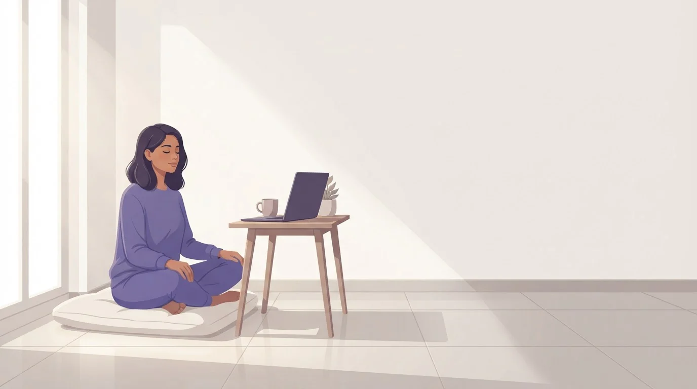 A woman sits cross-legged on a cushion in a bright home office, meditating beside a desk with a closed laptop.