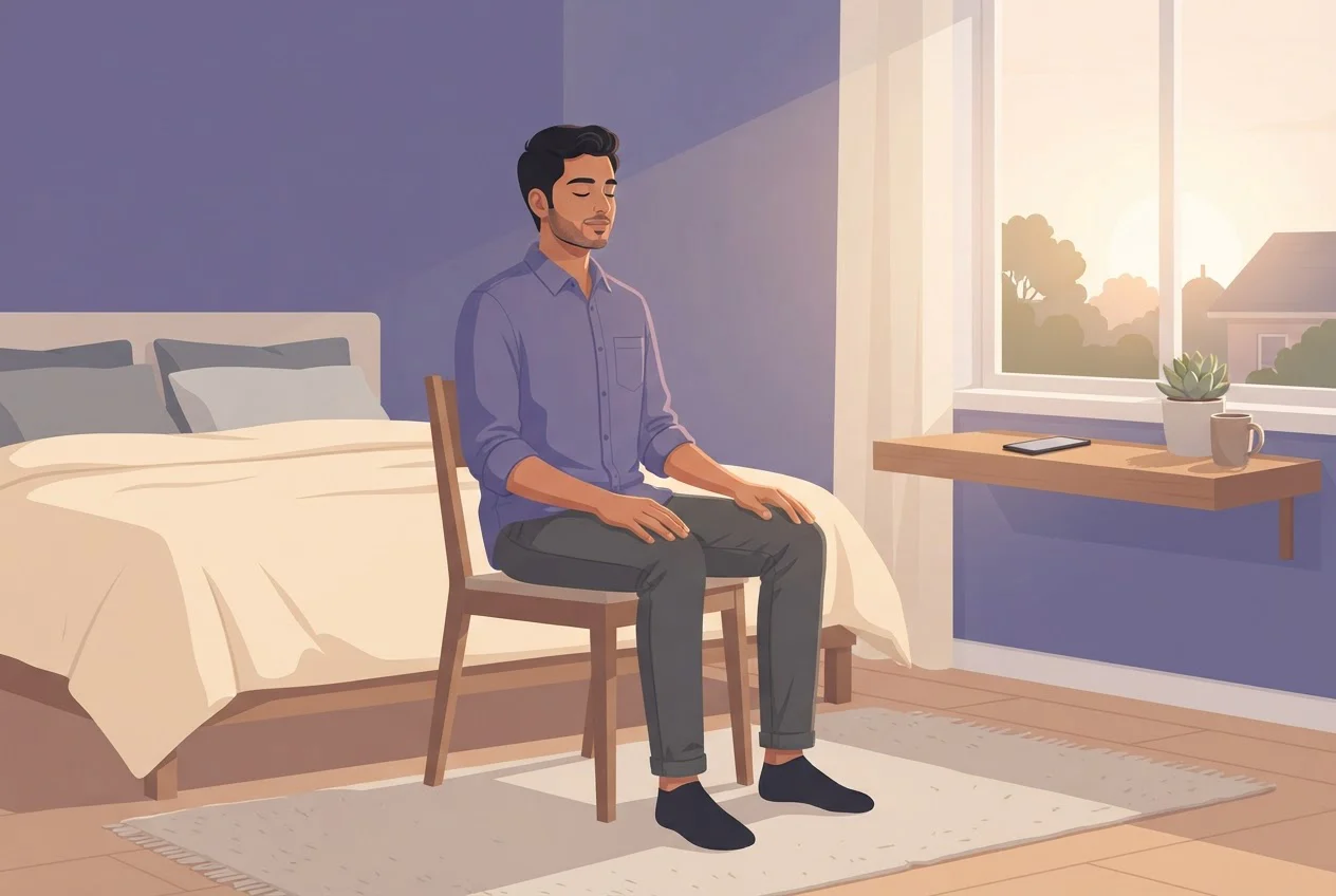 A man sits upright on a chair in a quiet bedroom at sunrise, eyes closed, with his phone face down on a shelf.