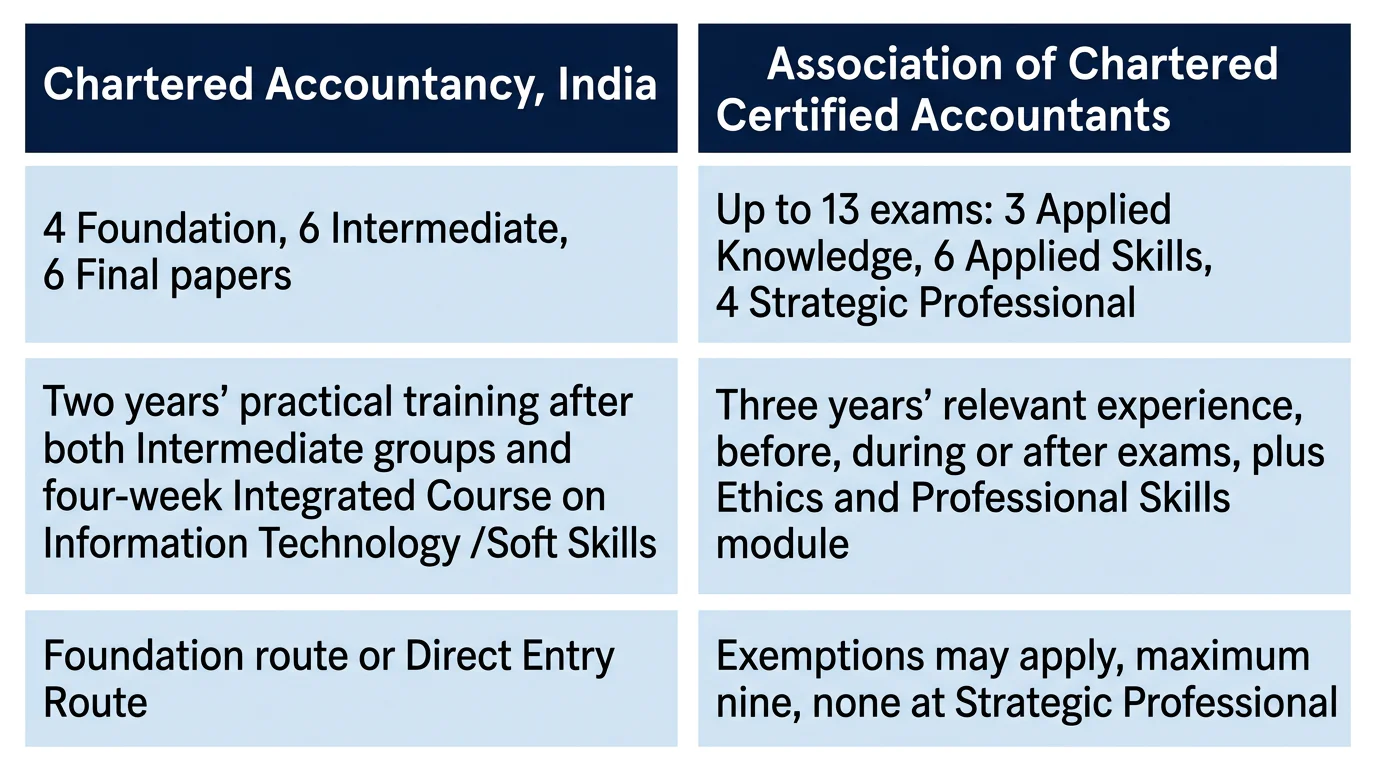 A two-column comparison of the CA and ACCA qualification structures, experience requirements and academic-entry checks.