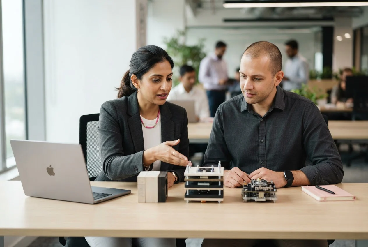 Two buyers at a desk compare three sample assemblies while watching a software demo on a laptop.